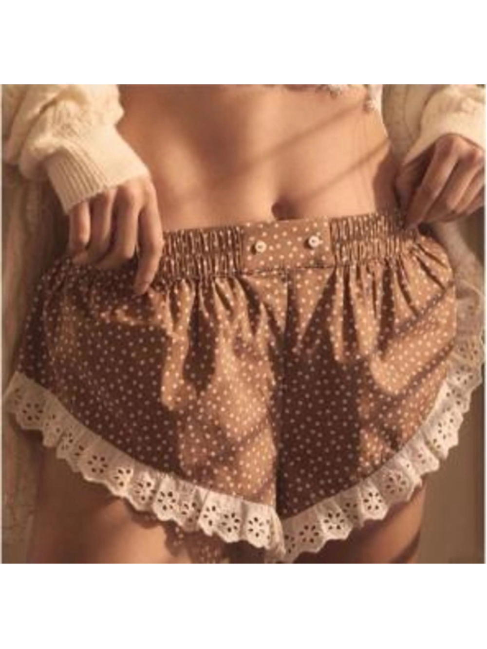 Anthropologie Brown Polka Dot Eyelet Micro Mini PJ Shorts Large Cottage Prairie